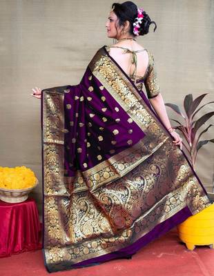purple silk blend banarasi saree with unstitched blouse piece 2