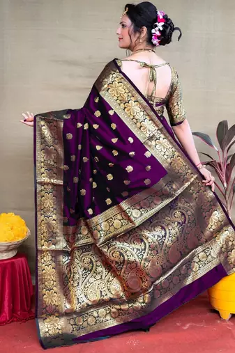 purple silk blend banarasi saree with unstitched blouse piece