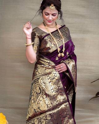 purple silk blend banarasi saree with unstitched blouse piece 3