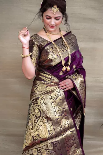 purple silk blend banarasi saree with unstitched blouse piece