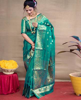 rama silk blend banarasi saree with unstitched blouse piece 1