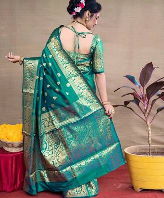 rama silk blend banarasi saree with unstitched blouse piece 2