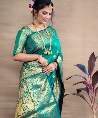 rama silk blend banarasi saree with unstitched blouse piece 3