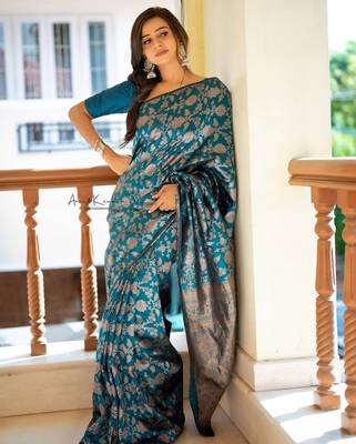 rama silk blend banarasi saree with unstitched blouse piece 1