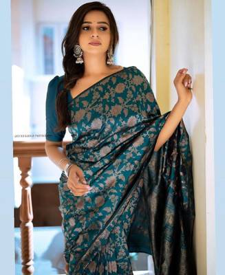 rama silk blend banarasi saree with unstitched blouse piece 3