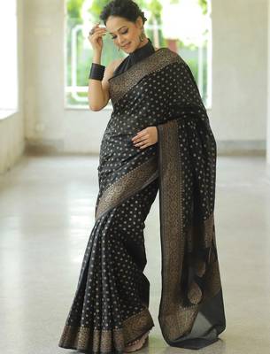 black silk blend banarasi saree with unstitched blouse piece 1