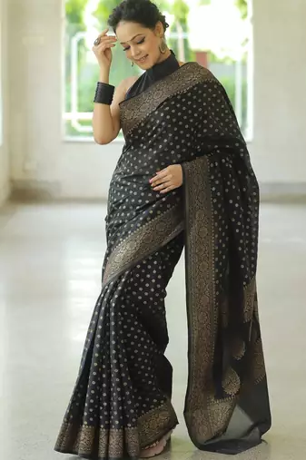 black  soft art silk banarasi jacuard work designer party wear saree with unstitched blouse piece
