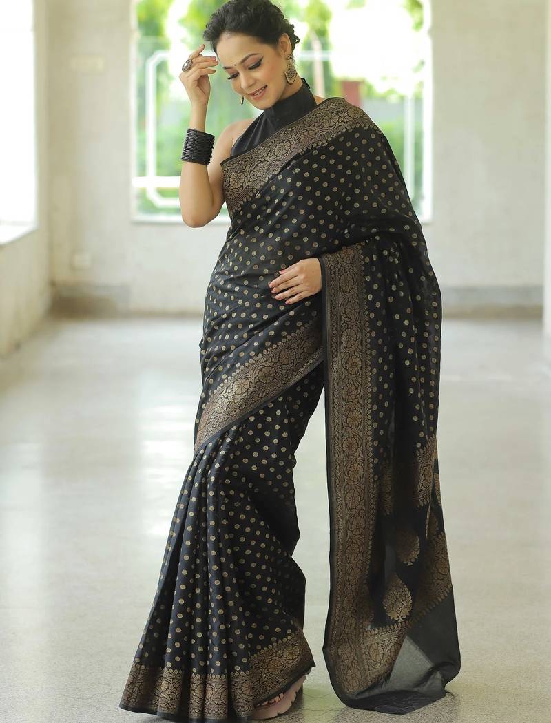 black  soft art silk banarasi jacuard work designer party wear saree with unstitched blouse piece