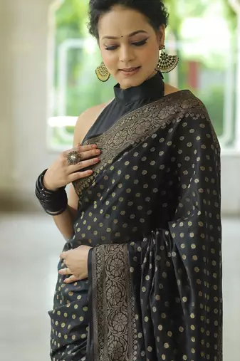 black silk blend banarasi saree with unstitched blouse piece