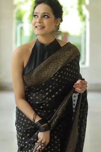 black silk blend banarasi saree with unstitched blouse piece