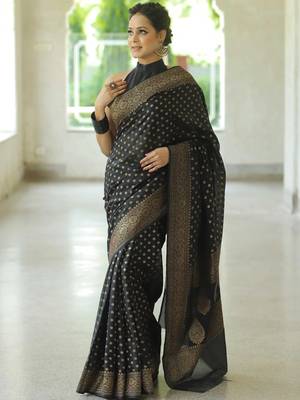 black silk blend banarasi saree with unstitched blouse piece 4