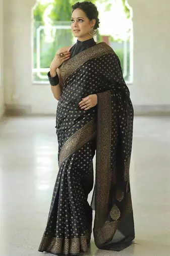 black silk blend banarasi saree with unstitched blouse piece