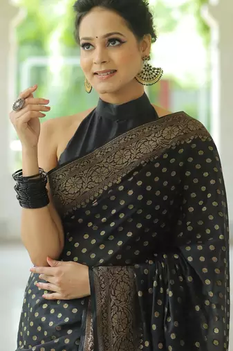black silk blend banarasi saree with unstitched blouse piece