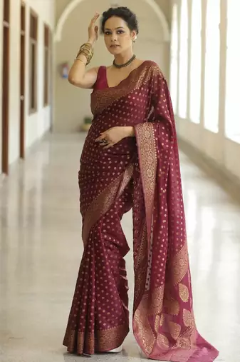 maroon soft art silk banarasi jacuard work designer party wear saree with unstitched blouse piece