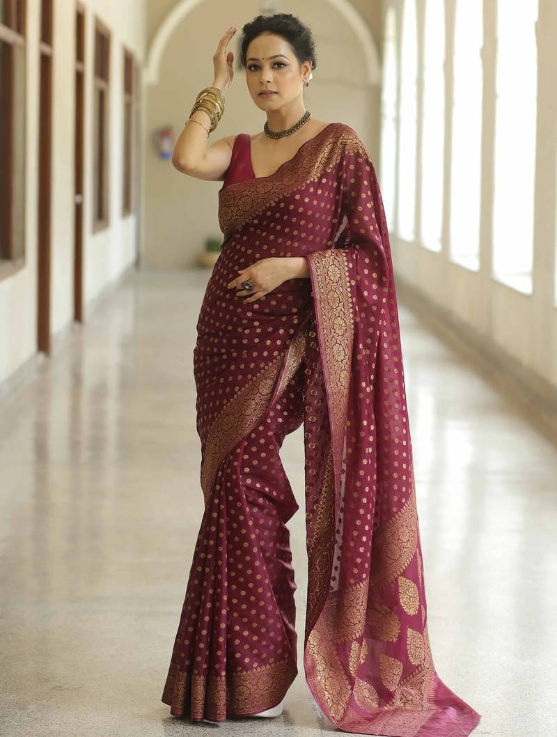 maroon soft art silk banarasi jacuard work designer party wear saree with unstitched blouse piece
