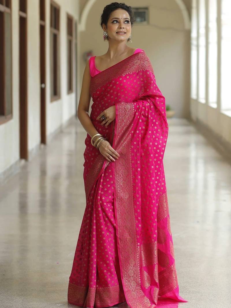 pink soft art silk banarasi jacuard work designer party wear saree with unstitched blouse piece