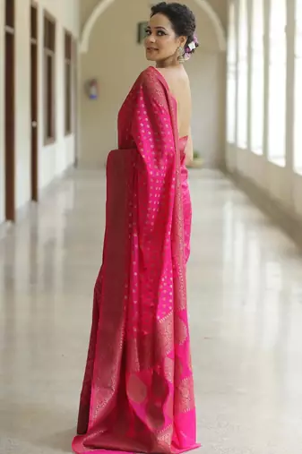 pink silk blend banarasi saree with unstitched blouse piece