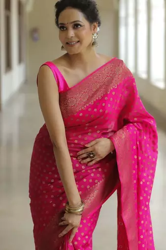 pink silk blend banarasi saree with unstitched blouse piece
