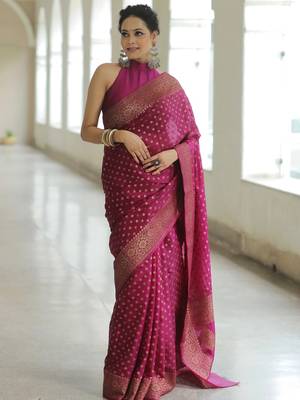 wine silk blend banarasi saree with unstitched blouse piece 1