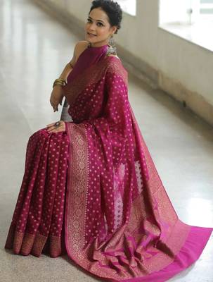 wine silk blend banarasi saree with unstitched blouse piece 2