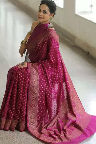 wine silk blend banarasi saree with unstitched blouse piece