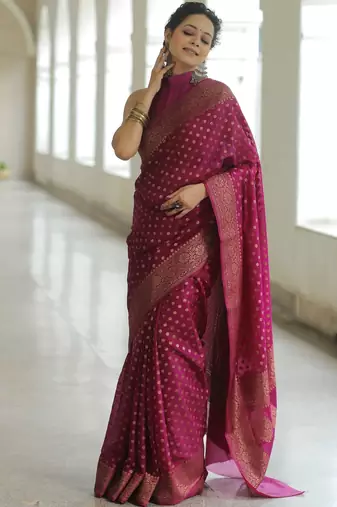 wine silk blend banarasi saree with unstitched blouse piece