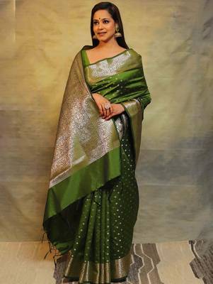 mehendi silk blend banarasi saree with unstitched blouse piece 1