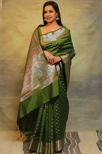 mehendi soft art silk banarasi jacuard work designer party wear saree with unstitched blouse piece