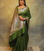 mehendi soft art silk banarasi jacuard work designer party wear saree with unstitched blouse piece