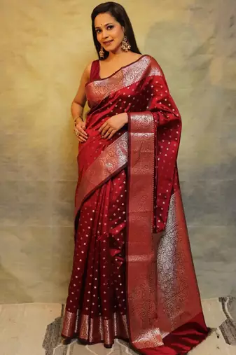 maroon soft art silk banarasi jacuard work designer party wear saree with unstitched blouse piece