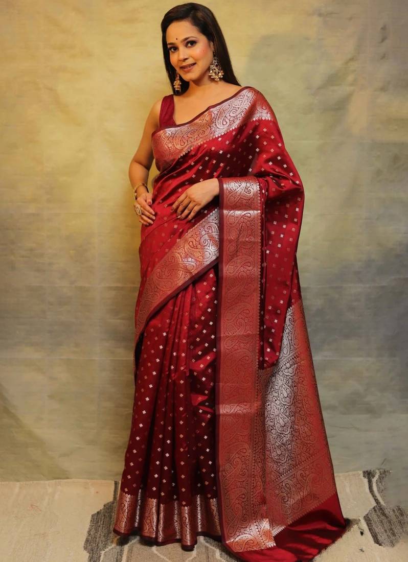 maroon soft art silk banarasi jacuard work designer party wear saree with unstitched blouse piece