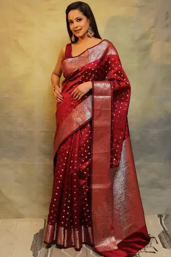 maroon soft art silk banarasi jacuard work designer party wear saree with unstitched blouse piece