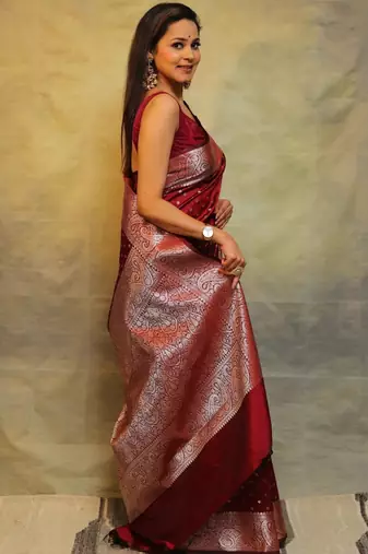 maroon soft art silk banarasi jacuard work designer party wear saree with unstitched blouse piece