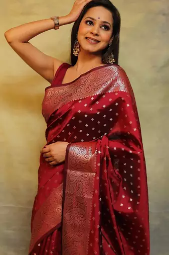 maroon soft art silk banarasi jacuard work designer party wear saree with unstitched blouse piece