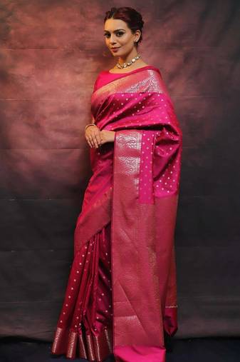  pink soft art silk banarasi jacuard work designer party wear saree with unstitched blouse piece