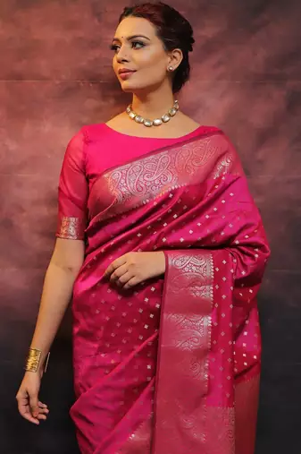  pink silk blend banarasi saree with unstitched blouse piece