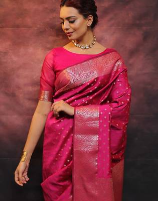  pink silk blend banarasi saree with unstitched blouse piece 3