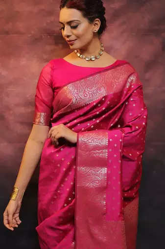  pink silk blend banarasi saree with unstitched blouse piece