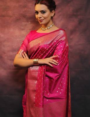  pink silk blend banarasi saree with unstitched blouse piece 5