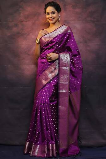 purple soft art silk banarasi jacuard work designer party wear saree with unstitched blouse piece