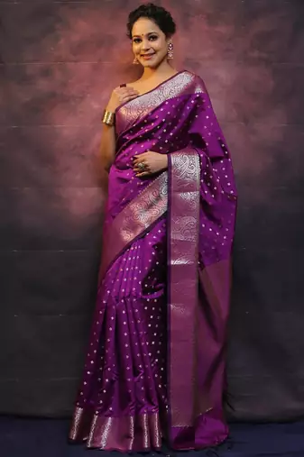 purple soft art silk banarasi jacuard work designer party wear saree with unstitched blouse piece
