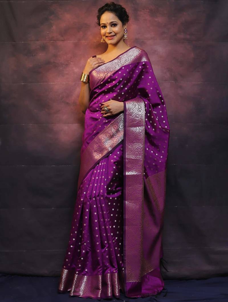 purple soft art silk banarasi jacuard work designer party wear saree with unstitched blouse piece