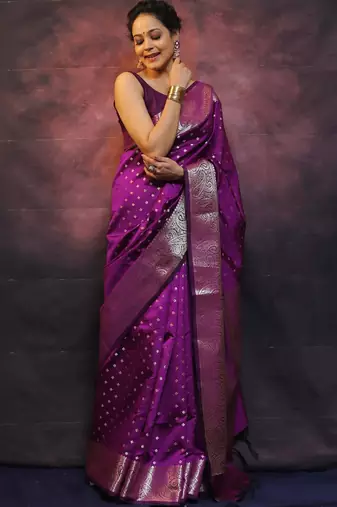 purple soft art silk banarasi jacuard work designer party wear saree with unstitched blouse piece