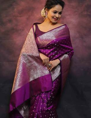 purple silk blend banarasi saree with unstitched blouse piece 5