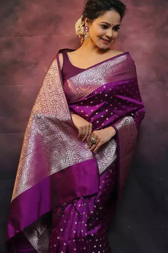 purple soft art silk banarasi jacuard work designer party wear saree with unstitched blouse piece