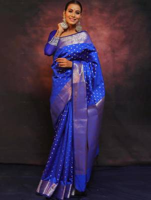 royal blue silk blend banarasi saree with unstitched blouse piece 1