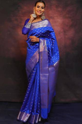 royal blue soft art silk banarasi jacuard work designer party wear saree with unstitched blouse piece