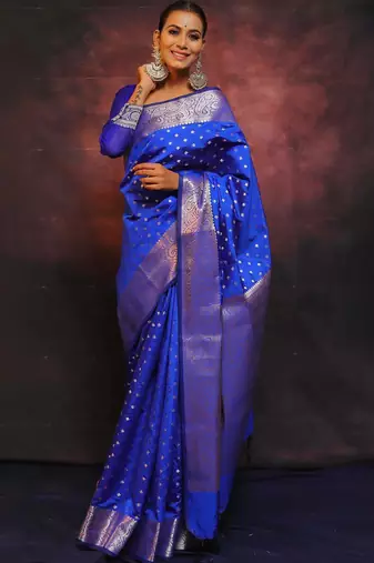 royal blue soft art silk banarasi jacuard work designer party wear saree with unstitched blouse piece