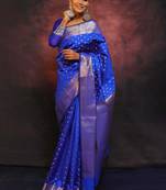 royal blue soft art silk banarasi jacuard work designer party wear saree with unstitched blouse piece