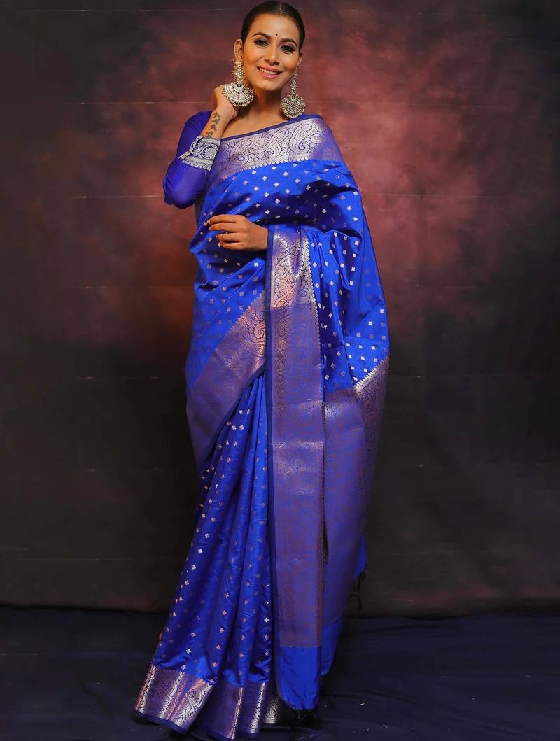 royal blue soft art silk banarasi jacuard work designer party wear saree with unstitched blouse piece
